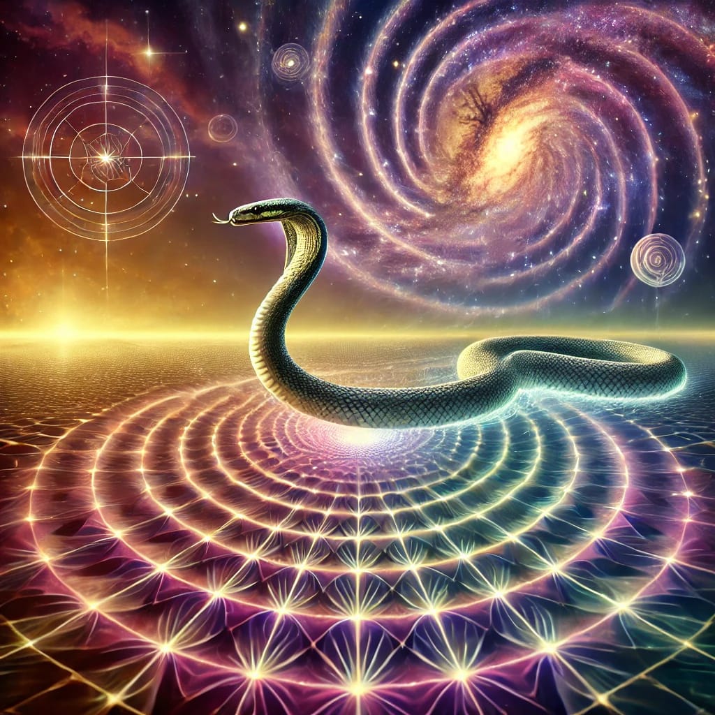 A hyperrealistic visionary art depiction of a serpent gliding gracefully through a cosmic landscape, symbolizing balance and harmony. The snake’s movement creates a ripple effect of glowing, sacred geometry patterns, including concentric circles and interconnected lines. The background features a harmonious blend of celestial elements—soft stars, nebulae in vibrant purples and blues, and a glowing golden horizon. The serpent’s form exudes elegance and calm, with its scales shimmering subtly in iridescent colors. The overall style blends hyperrealism with mildly psychedelic and visionary art elements, evoking a sense of universal balance.