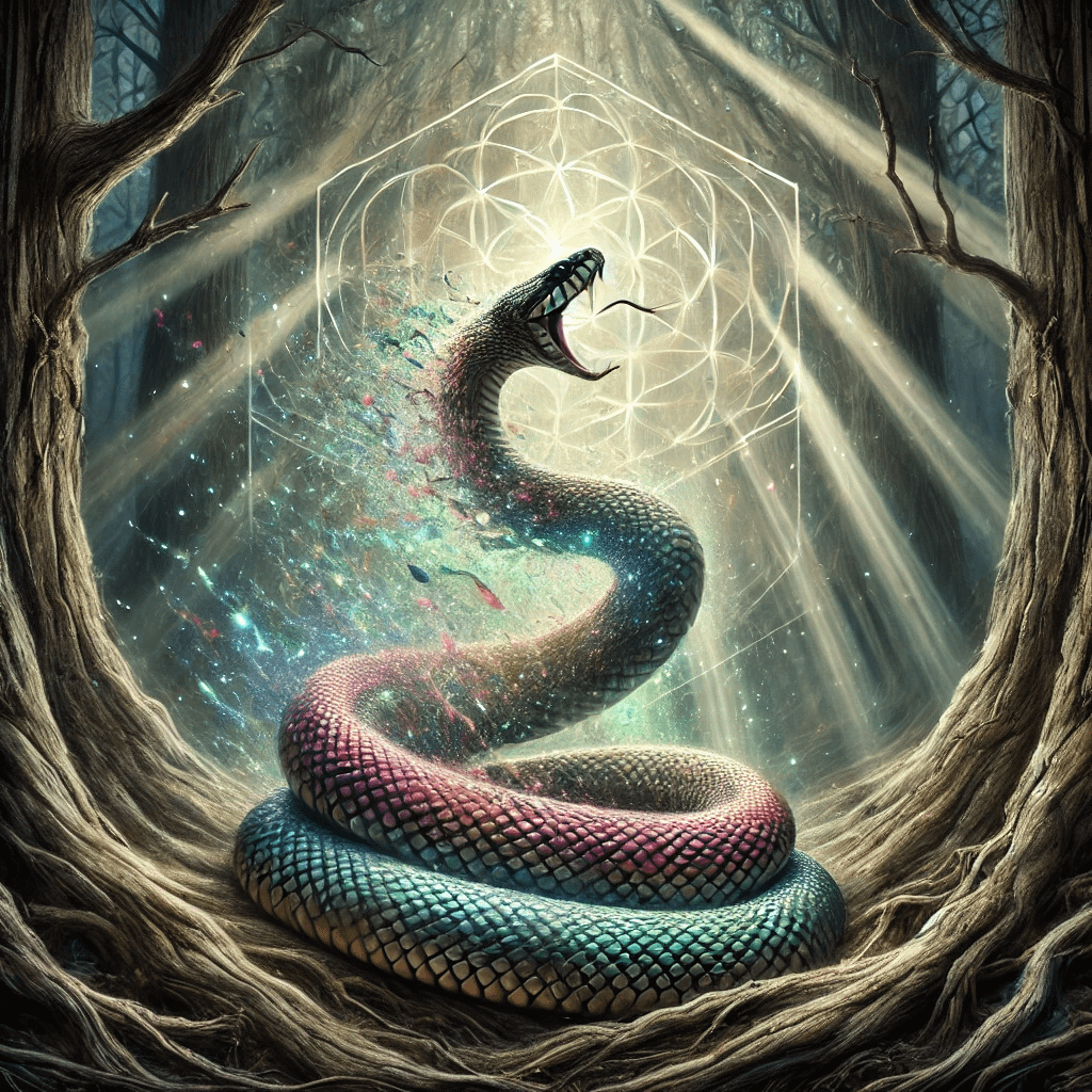 “A hyperrealistic visionary art depiction of a serpent shedding its skin amidst a mystical forest. The snake is surrounded by subtle sacred geometry lines that glow faintly, incorporating mildly psychedelic colors in the environment. The background features ethereal light filtering through ancient trees, creating an atmosphere of transformation and renewal. The snake’s scales shimmer with a mix of iridescent hues, emphasizing its shedding process. The overall style is intricate and immersive, blending hyperrealism with mystical, visionary art aesthetics.”