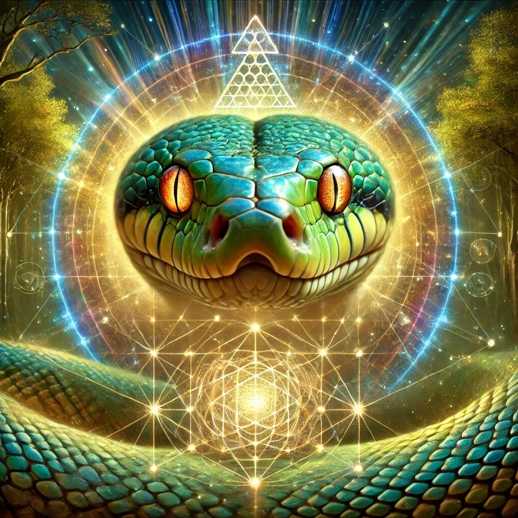 “A hyperrealistic visionary art depiction of a wise serpent gazing with intense clarity, symbolizing discernment and intuition. The snake is surrounded by faint, glowing sacred geometry patterns, including triangles and interconnected lines, emphasizing its sharp awareness. The background features an ethereal forest illuminated by soft light, with colors transitioning from earthy greens to vibrant golds and blues. The serpent’s eyes glimmer with intelligence, and its scales shimmer subtly with iridescent hues. The overall style blends hyperrealism with mystical, mildly psychedelic art elements, portraying focus and wisdom.”