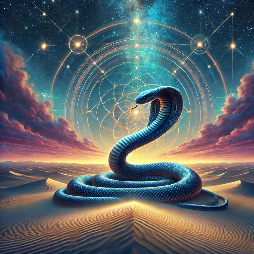 A hyperrealistic visionary art depiction of a serene serpent coiled under a starry sky, symbolizing patience and strategic stillness. The snake is surrounded by subtle sacred geometry, including glowing circles and intricate patterns that gently radiate from its form. The colors are rich and calming, with deep blues, purples, and gold accents. The environment features a tranquil desert scene with soft, glowing sands and a mystical aura. The overall style combines hyperrealism with mildly psychedelic and visionary art elements, emphasizing introspection and quiet power