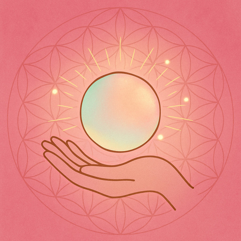 Spiritual illustration of an open hand receiving a glowing iridescent orb, set against a pink sacred geometry background — symbolizing embodied awareness and receptive stillness.