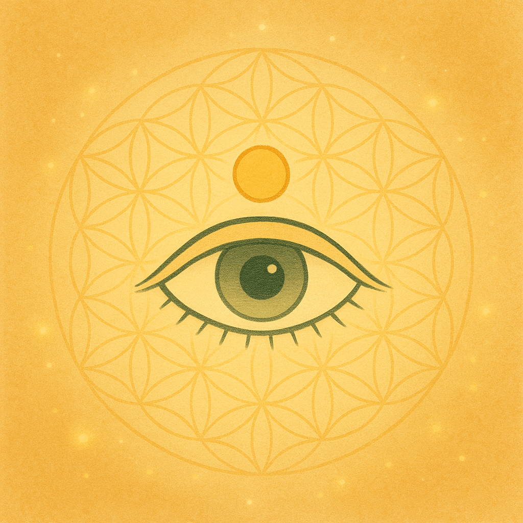 Golden eye symbol with glowing orange dot above, surrounded by Flower of Life geometry on a warm textured background — representing inner clarity and releasing scarcity thinking