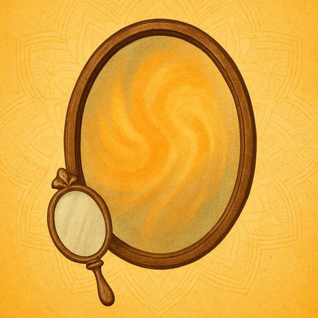 Digital illustration of two vintage mirrors on a golden background, one large and one handheld, with swirling reflections and subtle mandala pattern — symbolizing self-reflection, empathy, and inner shadow work.