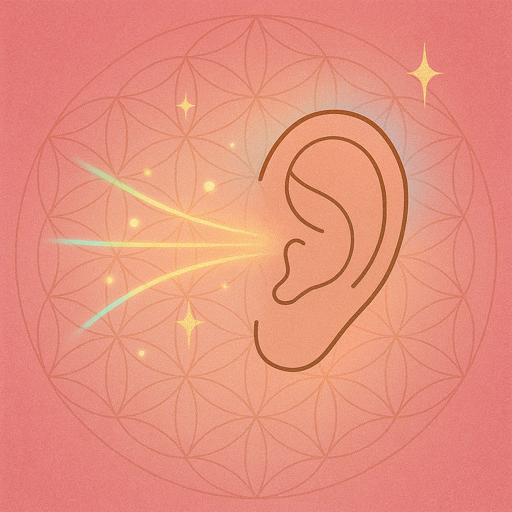 Minimalist digital artwork of an ear surrounded by radiant sound waves and stars, layered over a soft pink Flower of Life pattern — representing deep listening and heart-based receptivity
