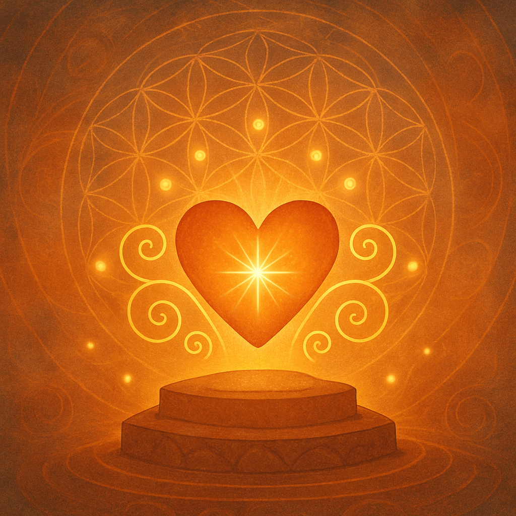 adiant glowing heart emanating light and golden swirls, set atop a sacred pedestal and framed by subtle mandala geometry — symbolizing joyful celebration and heart-based abundance