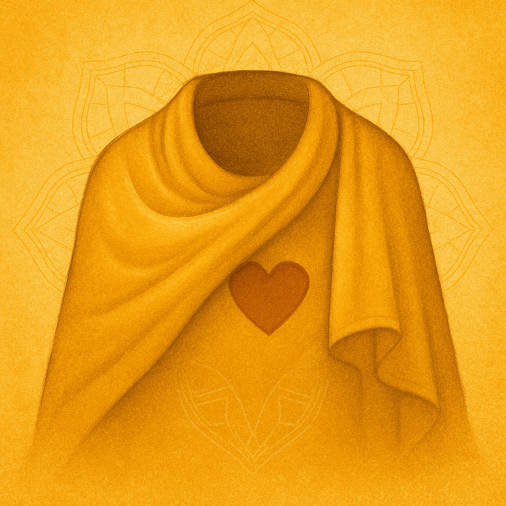 Sacred digital artwork of a soft golden cloak draped over the heart center, set against a radiant textured backdrop with faint mandala designs — representing energetic protection and heart-centered strength