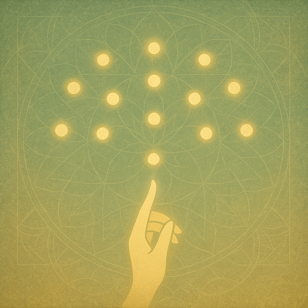 Spiritual artwork of a golden hand reaching toward glowing orbs in a descending pattern, set against a green mandala background — representing mindfulness, present awareness, and anxiety relief