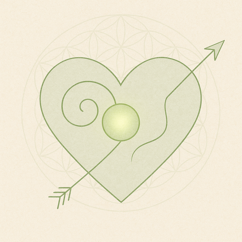 Desire tracing, Green heart line drawing with inward spiral and outward arrow, representing conscious desire and emotional awareness in spiritual self-inquiry