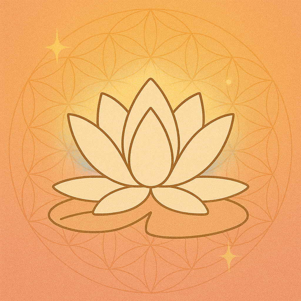 Golden lotus flower resting on soft lily pads, framed by radiant light and sacred geometry — symbolizing yin movement, gentle flow, and embodied surrender
