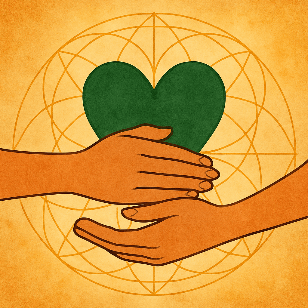 Two hands gently resting over a deep green heart with sacred geometry in the background — symbolizing embodied safety, grounding, and the somatic roots of trust.