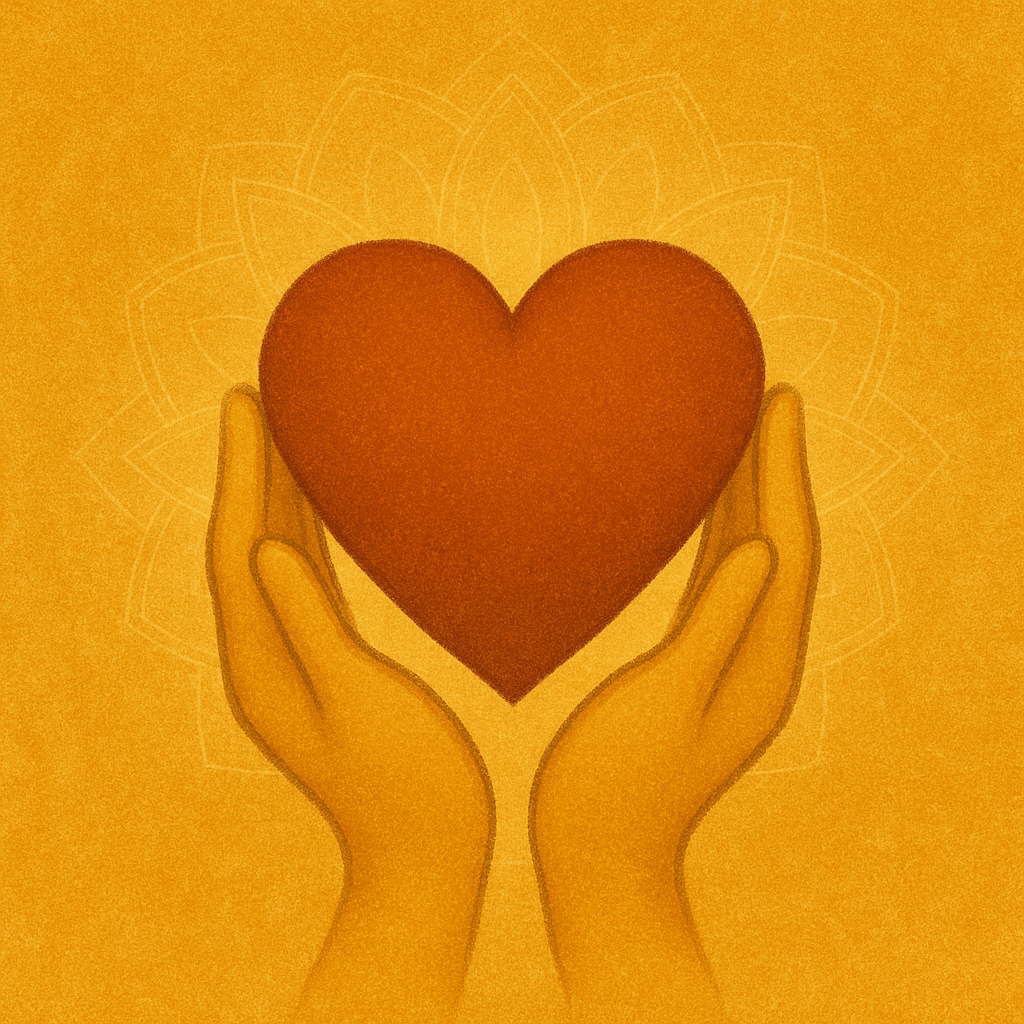 Spiritual illustration of glowing hands gently holding a heart of light, over a warm golden background with sacred geometry — symbolizing selfless kindness, forgiveness, and unconditional compassion.