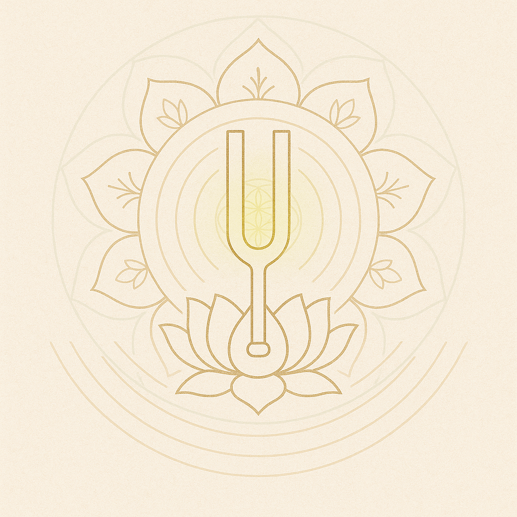 Joy as Frequency Golden tuning fork within a radiating mandala and lotus flower, minimalist sacred geometry depicting vibrational healing and joy alignment.