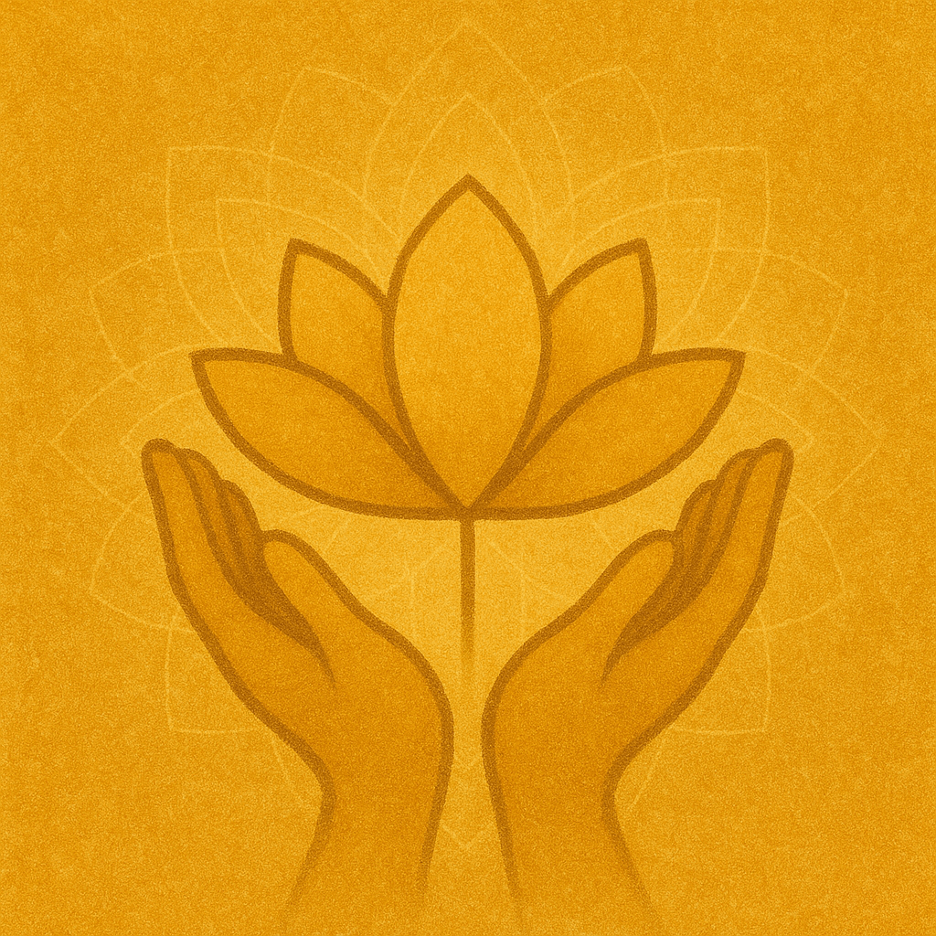 Golden digital illustration of two open hands offering a radiant lotus flower, with layered sacred patterns and warm light — representing truthful action, inner alignment, and benevolent intention.