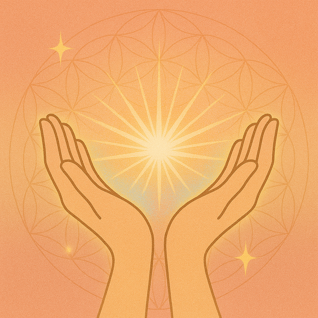 Two open hands cradle a radiant golden light, emanating star-like rays, with a subtle sacred mandala in the background — symbolizing the grace of receiving love and affirmation