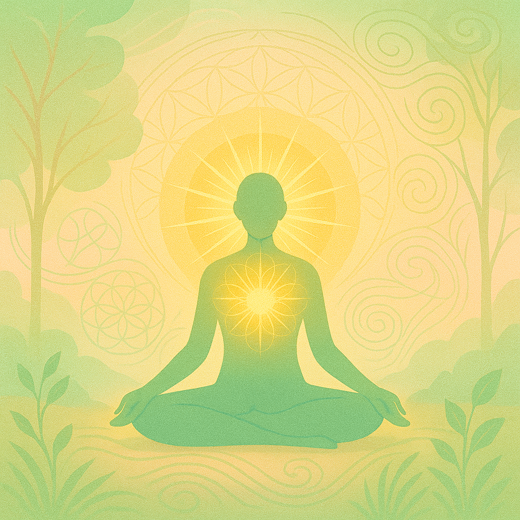 Serene illustration of a figure meditating in nature, with golden light radiating from the heart and Flower of Life symbols in the environment — evoking oneness, receptivity, and spiritual attunement with the Earth