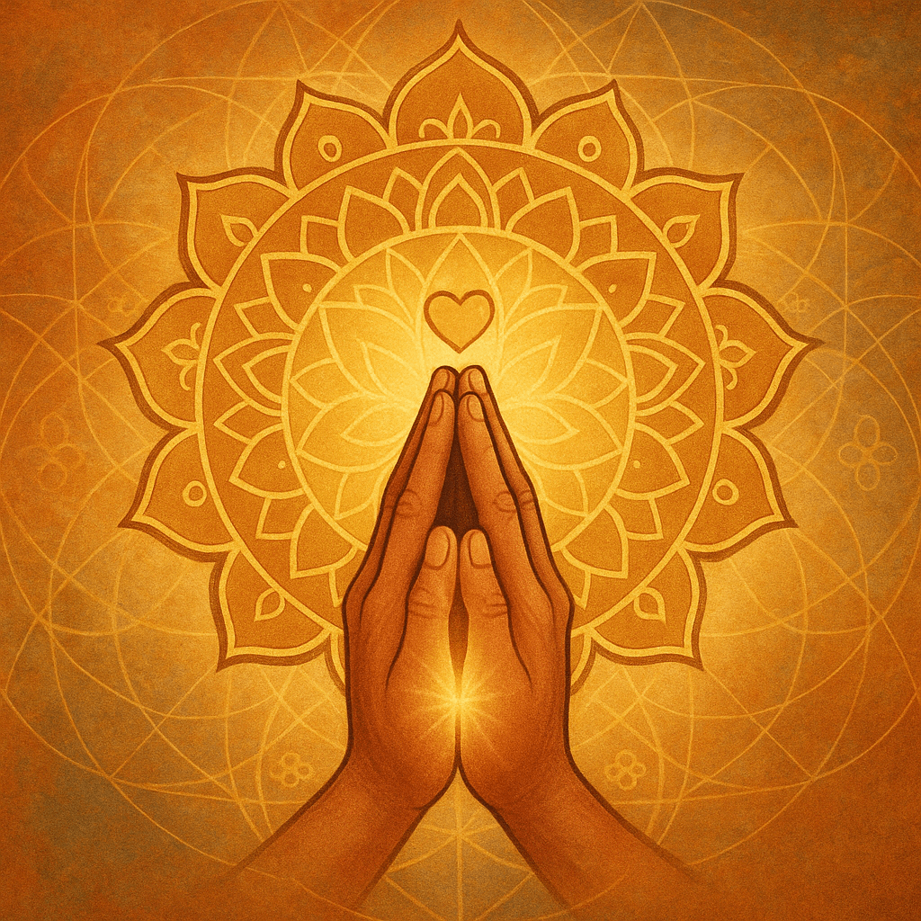 Silhouetted figure in meditation posture with glowing heart, lotus petals, and overlapping sacred triangles in the background — symbolizing quiet service, humility, and the power of unseen good deeds