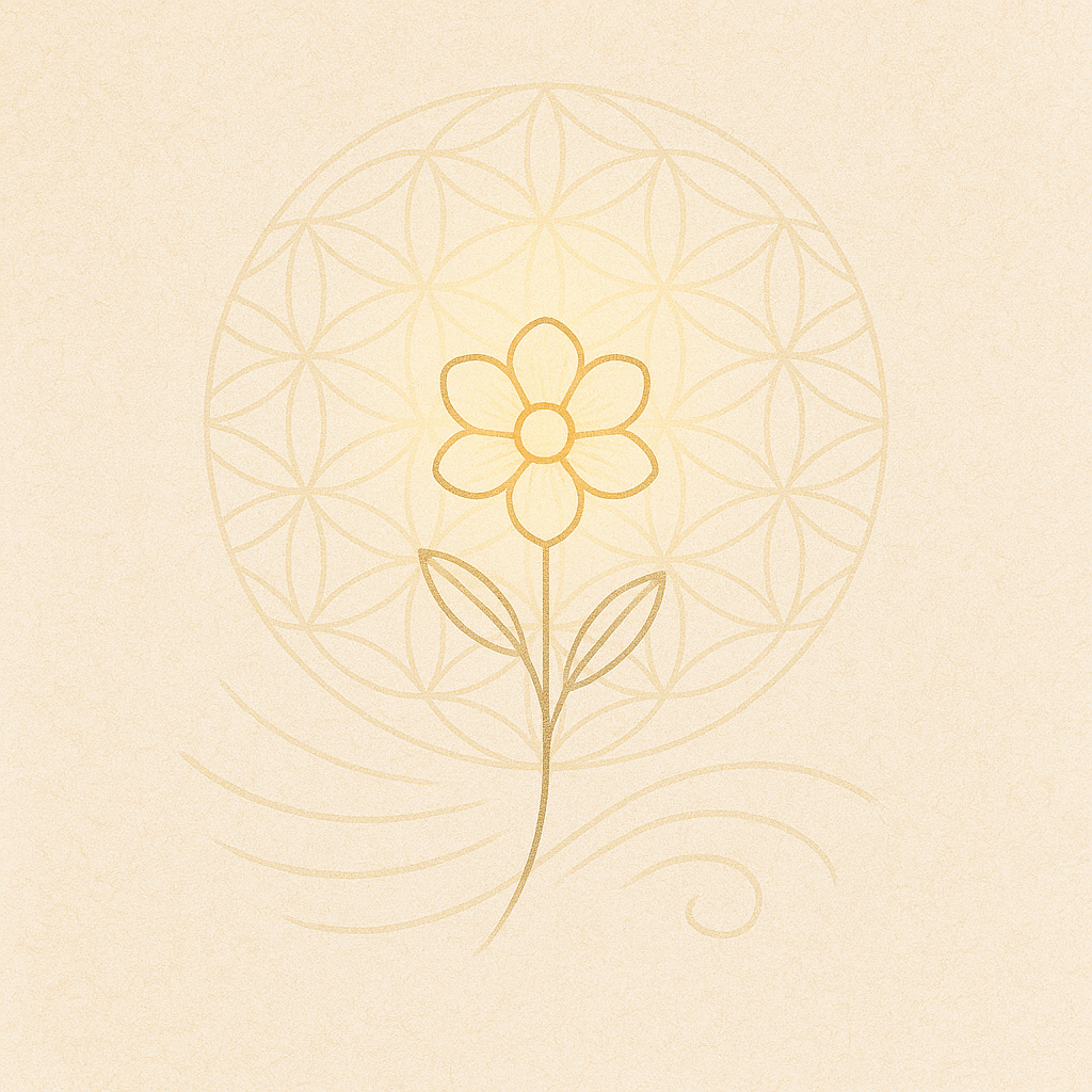 Presence Practice: Delicate flower glowing within a Flower of Life mandala, symbolizing present-moment awareness and joy in simplicity — mindful minimalism.