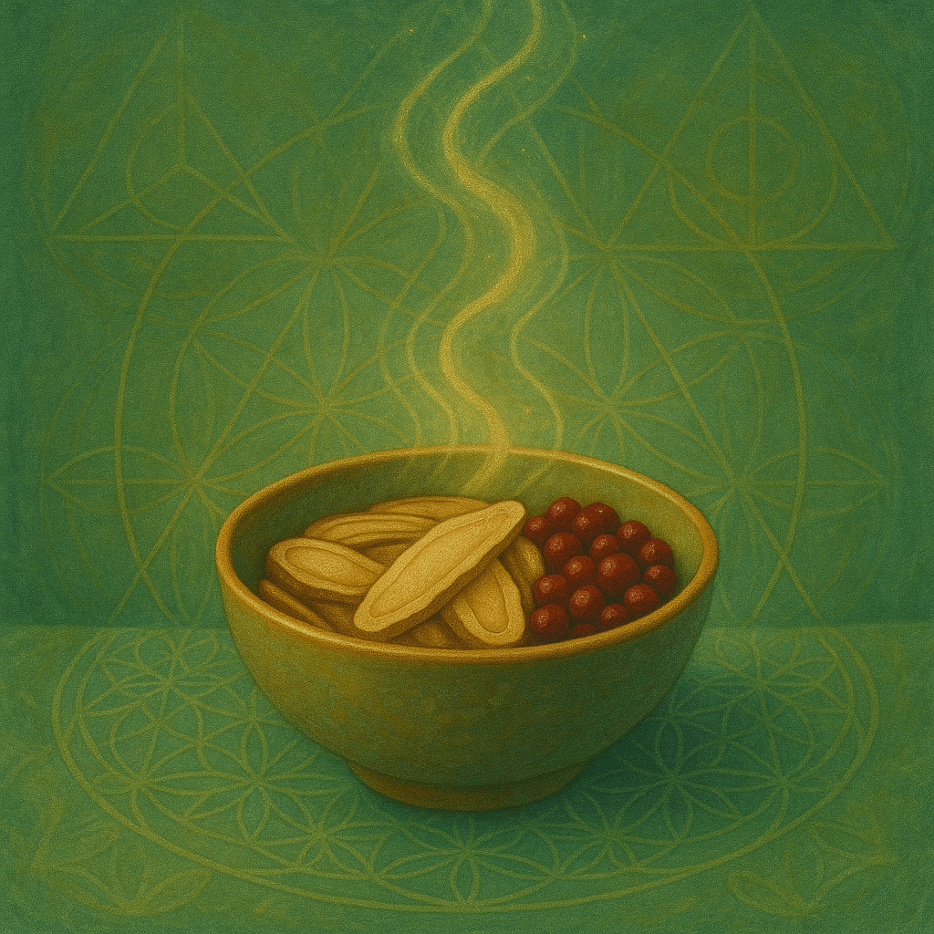 Ceramic bowl filled with traditional Chinese herbs including Schisandra and Rehmannia, resting on sacred fabric with geometric patterns — symbolizing natural remedies for calming the Shen and balancing Heart-Kidney energy