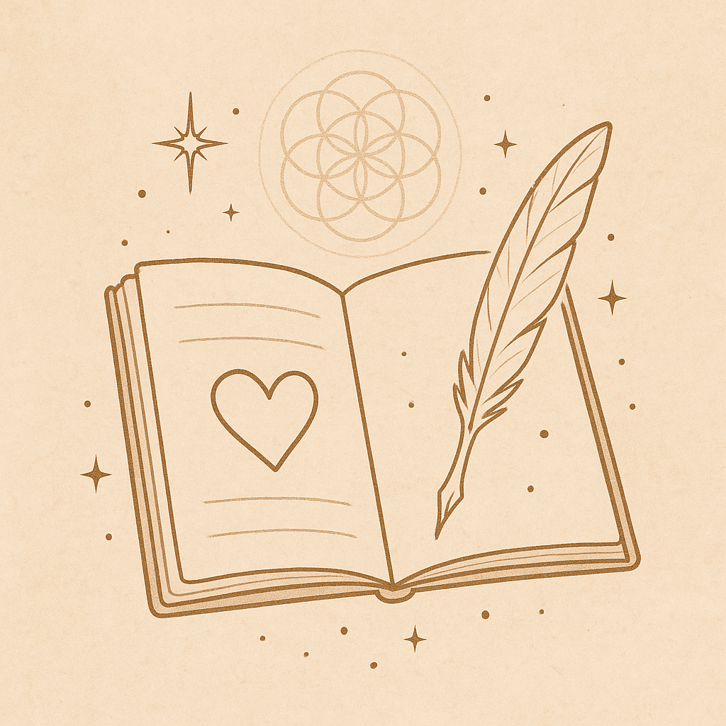 Sacred line art of an open journal and feather quill on a warm beige background, with a heart symbol on the page and subtle celestial and geometric accents — minimalist artwork evoking reflective journaling and inner inquiry
