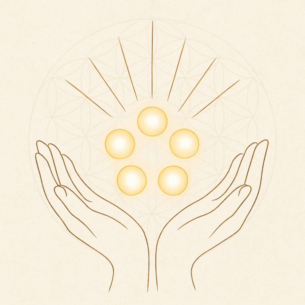 Gratitude Immersion, Sacred line art of open hands holding five glowing orbs, symbolizing gratitude and joy, with Flower of Life pattern — spiritual minimalism illustration
