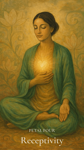 A gentle figure with upturned palms sits among lotus petals and moonlit waves, radiating openness and calm.