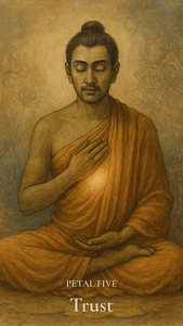 A meditative figure with one hand on the heart and one touching the ground, framed by a rooted tree and glowing sun.