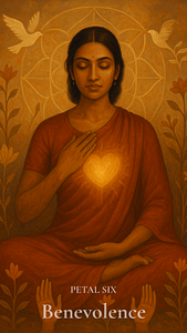 A figure in red meditates with a glowing heart, surrounded by doves, mandalas, and radiant earth tones.