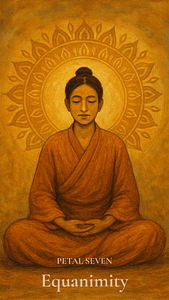 A figure sits in quiet meditation by a still lake, mist and distant mountains surrounding the peaceful scene.