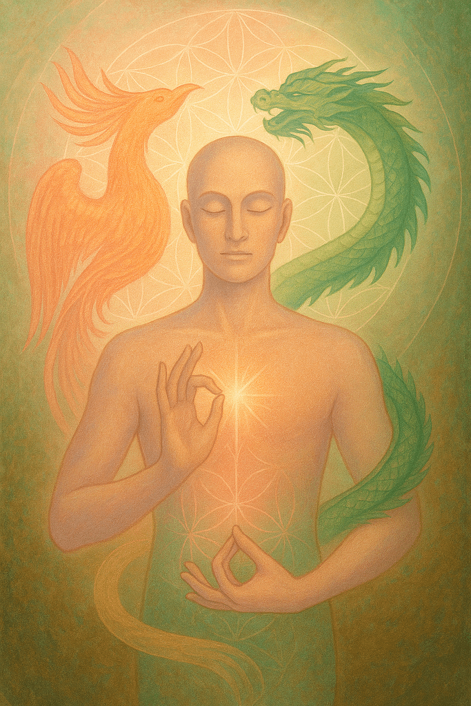 symbolic of the Liver and Heart in Chinese Medicine — set within an ethereal field of radiant energy and sacred geometry. The image reflects the transformation of jealousy into trust through Hun, Shen, and Yi integration, conveying themes of soul vision, emotional harmony, and energetic grounding.