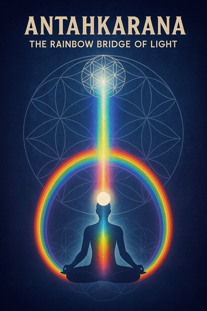 Symbolic digital artwork of the Antahkarana, the Rainbow Bridge of Light, showing a meditating figure aligned with a vertical rainbow column and sacred geometry, representing spiritual connection between the higher self and divine source