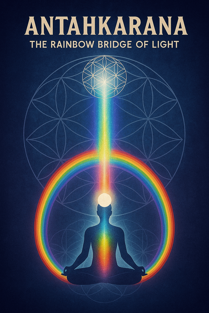 Symbolic digital artwork of the Antahkarana, the Rainbow Bridge of Light, showing a meditating figure aligned with a vertical rainbow column and sacred geometry, representing spiritual connection between the higher self and divine source