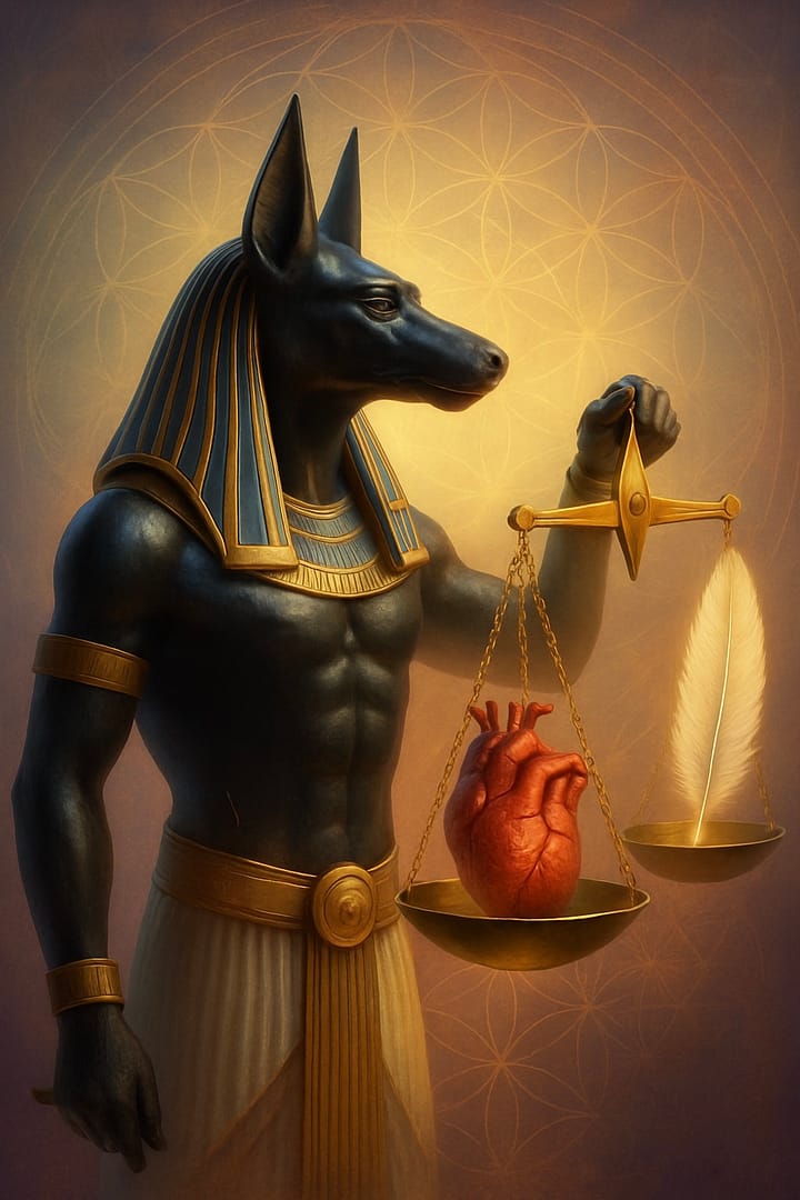 Anubis weighing a heart and feather on golden scales, with sacred geometry background.