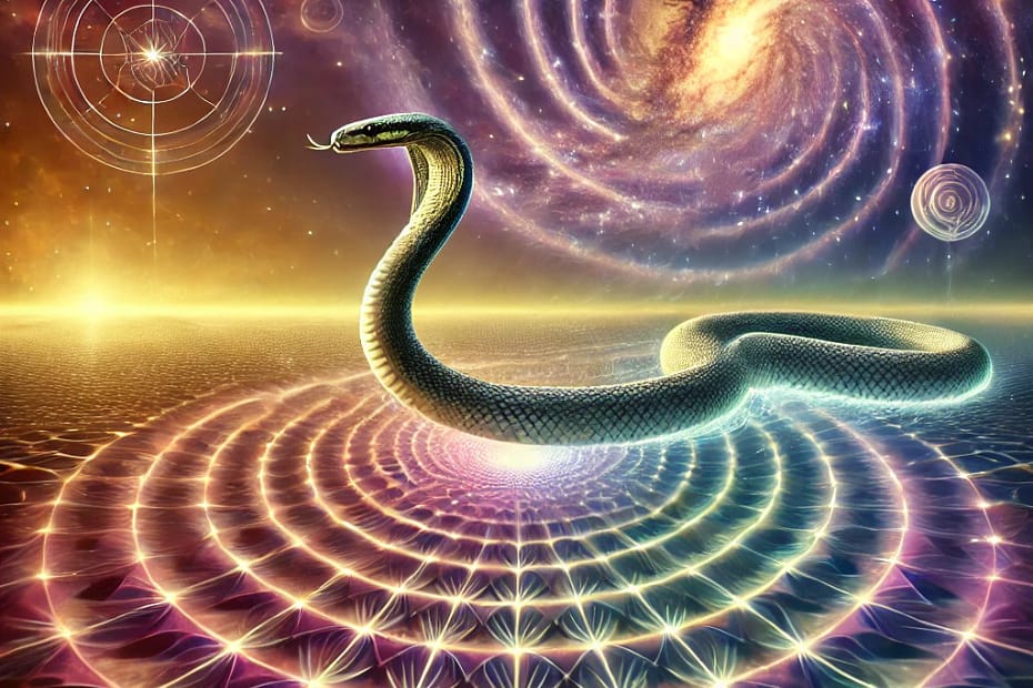 A hyperrealistic visionary art depiction of a serpent gliding gracefully through a cosmic landscape, symbolizing balance and harmony. The snake’s movement creates a ripple effect of glowing, sacred geometry patterns, including concentric circles and interconnected lines. The background features a harmonious blend of celestial elements—soft stars, nebulae in vibrant purples and blues, and a glowing golden horizon. The serpent’s form exudes elegance and calm, with its scales shimmering subtly in iridescent colors. The overall style blends hyperrealism with mildly psychedelic and visionary art elements, evoking a sense of universal balance.