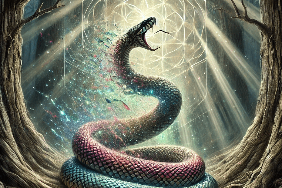 “A hyperrealistic visionary art depiction of a serpent shedding its skin amidst a mystical forest. The snake is surrounded by subtle sacred geometry lines that glow faintly, incorporating mildly psychedelic colors in the environment. The background features ethereal light filtering through ancient trees, creating an atmosphere of transformation and renewal. The snake’s scales shimmer with a mix of iridescent hues, emphasizing its shedding process. The overall style is intricate and immersive, blending hyperrealism with mystical, visionary art aesthetics.”