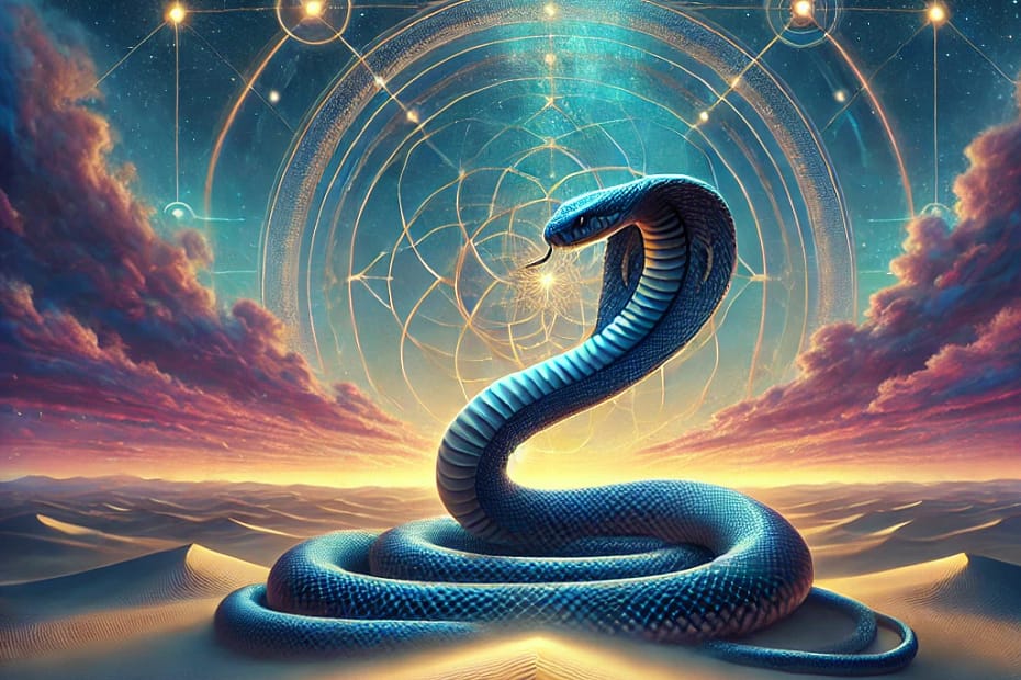 A hyperrealistic visionary art depiction of a serene serpent coiled under a starry sky, symbolizing patience and strategic stillness. The snake is surrounded by subtle sacred geometry, including glowing circles and intricate patterns that gently radiate from its form. The colors are rich and calming, with deep blues, purples, and gold accents. The environment features a tranquil desert scene with soft, glowing sands and a mystical aura. The overall style combines hyperrealism with mildly psychedelic and visionary art elements, emphasizing introspection and quiet power