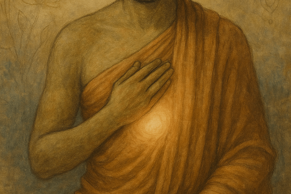 A meditative figure with one hand on the heart and one touching the ground, framed by a rooted tree and glowing sun.