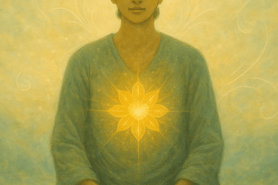 A meditative figure in a green robe with a glowing golden lotus at the heart, radiating peaceful joy amid an ethereal, misty background.