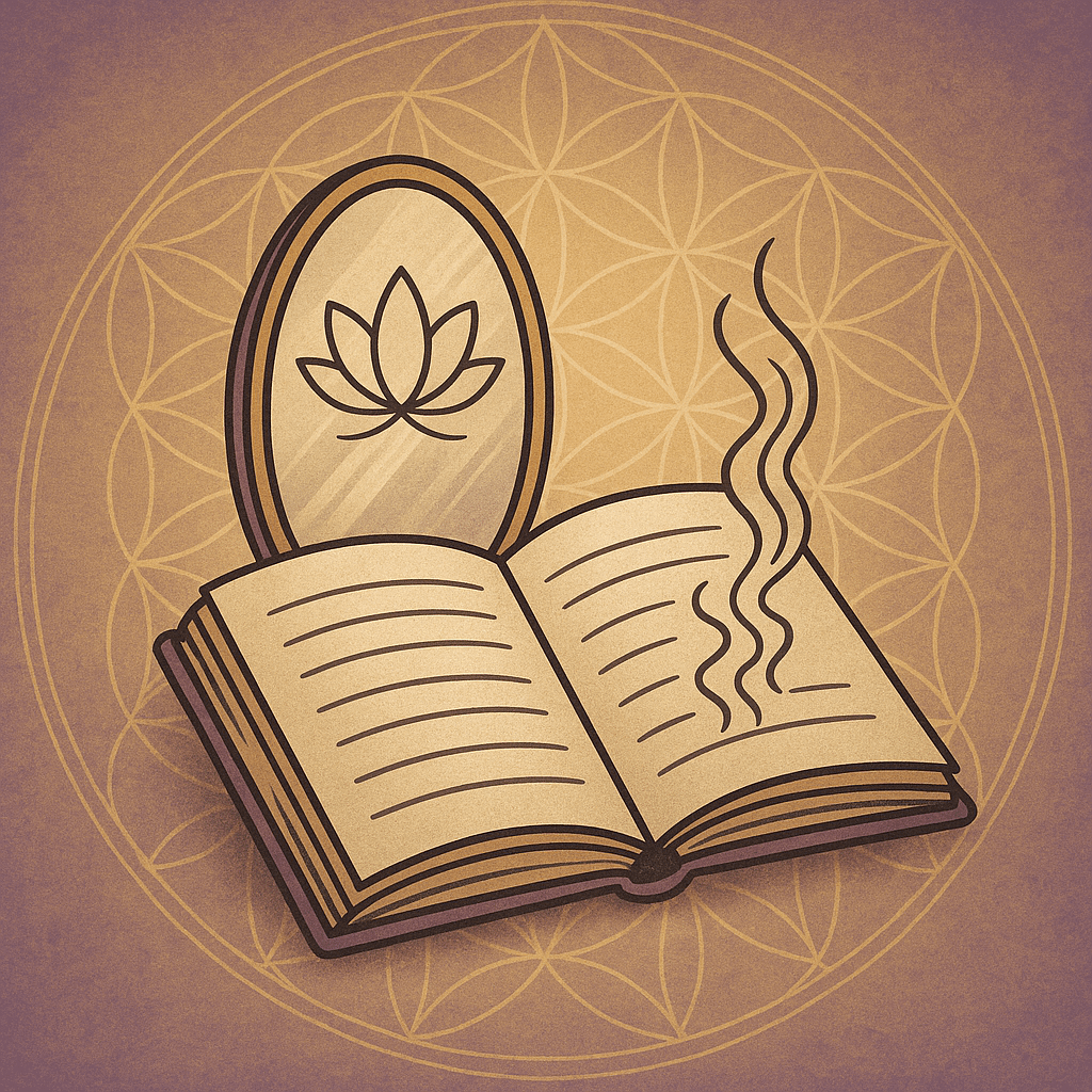 Illustration of an open journal with incense smoke and a lotus-reflecting mirror, layered over a golden Flower of Life pattern on a warm violet background — evoking introspective clarity