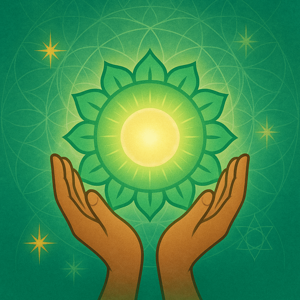 Spiritual illustration of two cupped hands holding a radiant golden lotus orb, set against a green background with sacred geometry and glowing starbursts — symbolizing safe, heart-centered inquiry