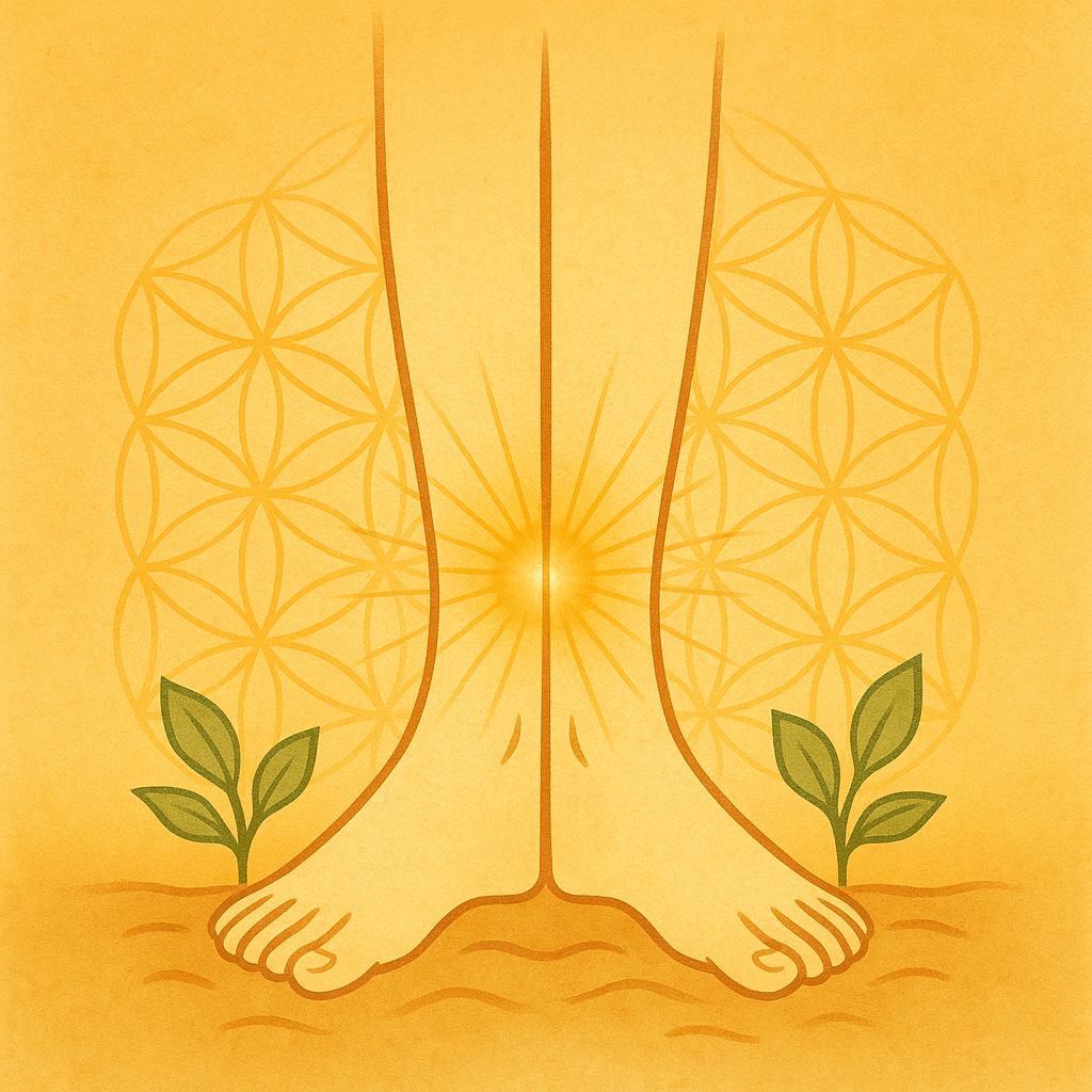 Minimalist line drawing of grounded feet on soil with subtle golden rays at the hara point, flanked by small green plants, with a Flower of Life pattern softly radiating in the background.