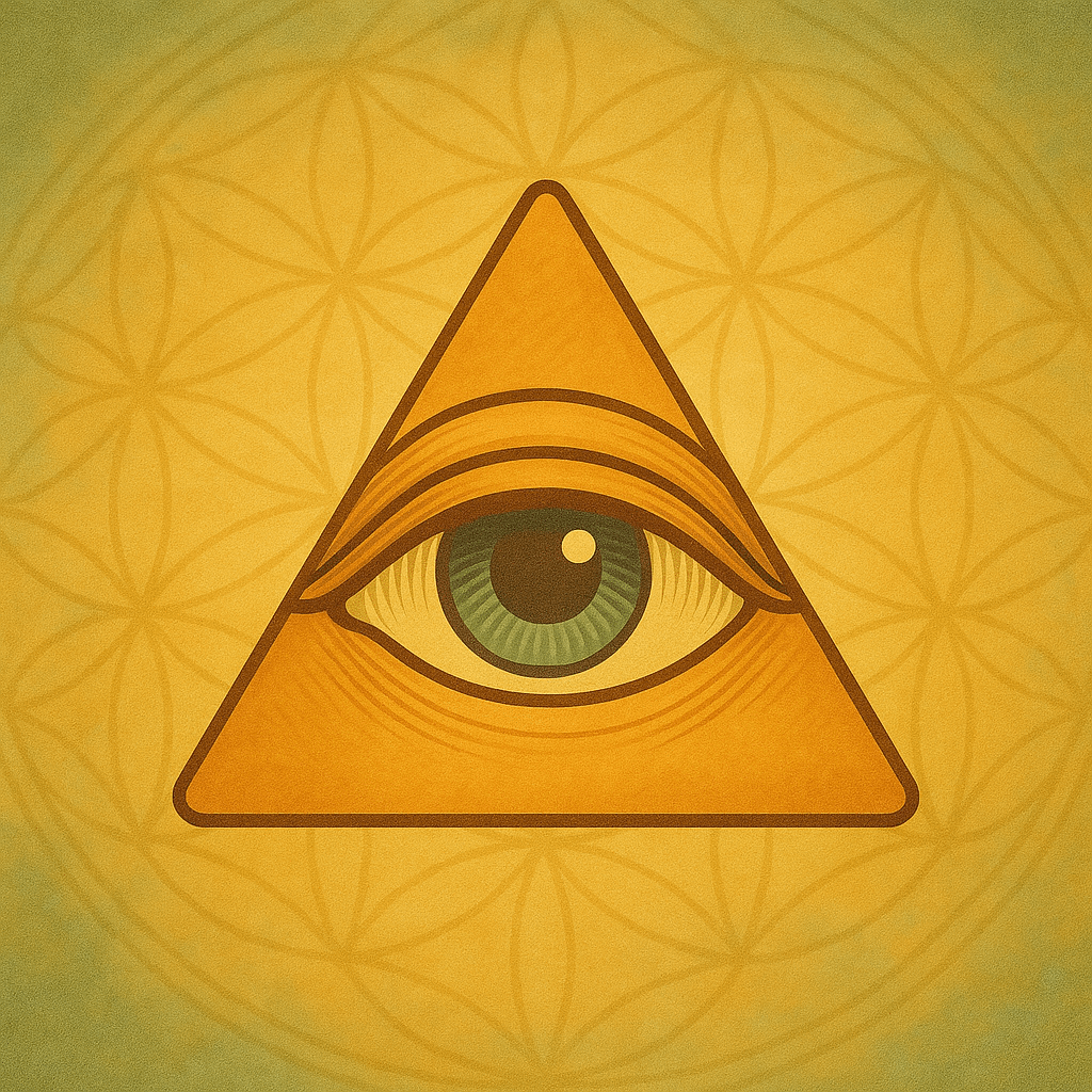 Digital artwork of an all-seeing eye inside a glowing golden triangle, set against a green sacred geometry Flower of Life background — symbolizing awareness and inner clarity